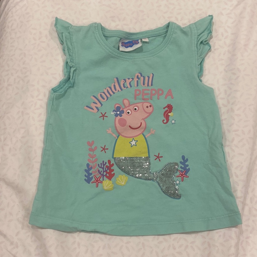 🧜‍♀️🧜‍♀️🧜‍♀️ 2T Sequin Peppa Pig Kids Blue Short Sleeve Tee with Mermaid Graphic